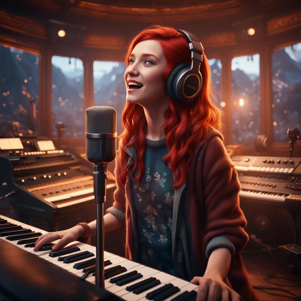 Red-Haired Girl Sings: Detailed Matte Painting