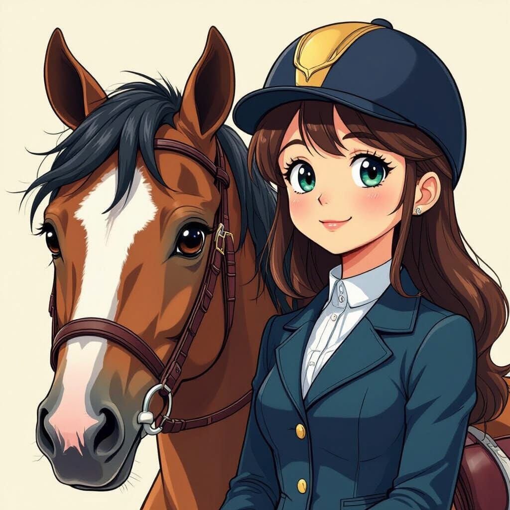 Cartoon Girl and Horse in Anime Style