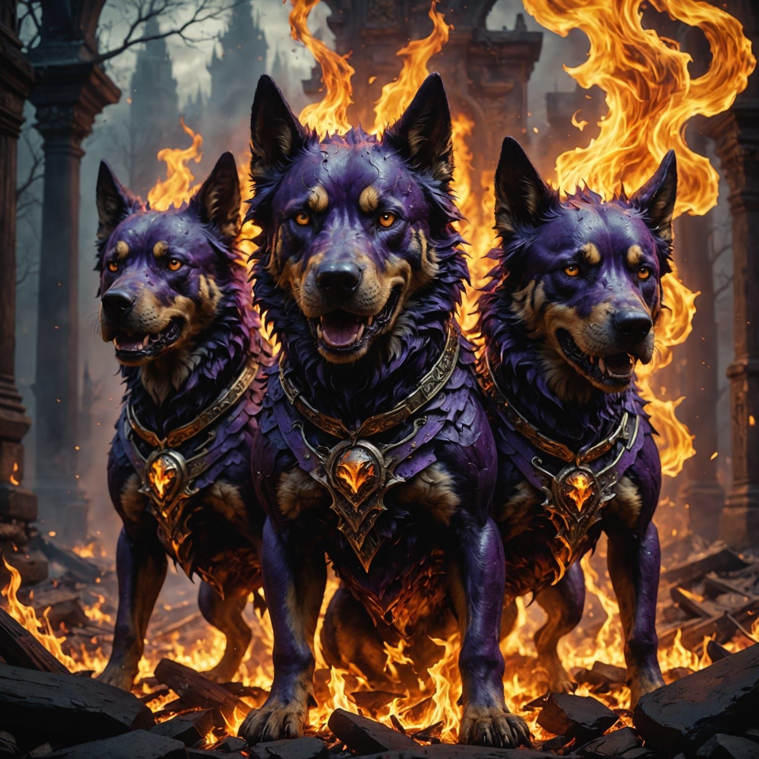 Three Headed Dog from Hell in Fiery Dark Fantasy Art