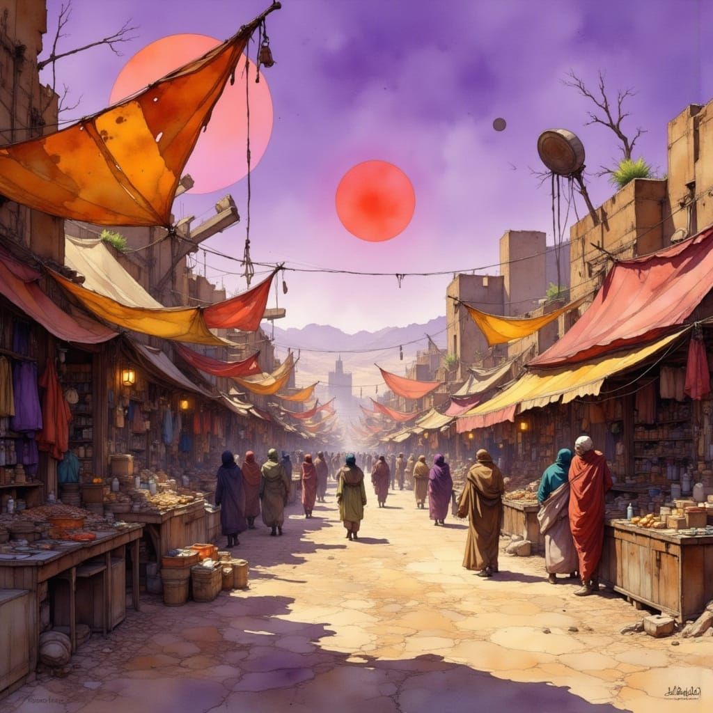 <lora:Flux - Painterly:1.0> Bustling, sun‑blasted bazaar on a desert world  of "Tatooine" straight out of Star Wars. The...