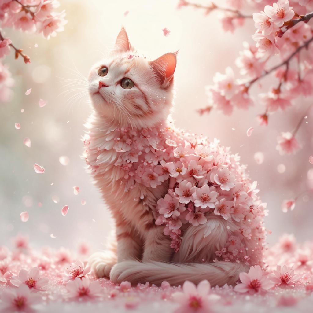 Cute Cherry Blossom Cat in Pink Flower Blizzard
