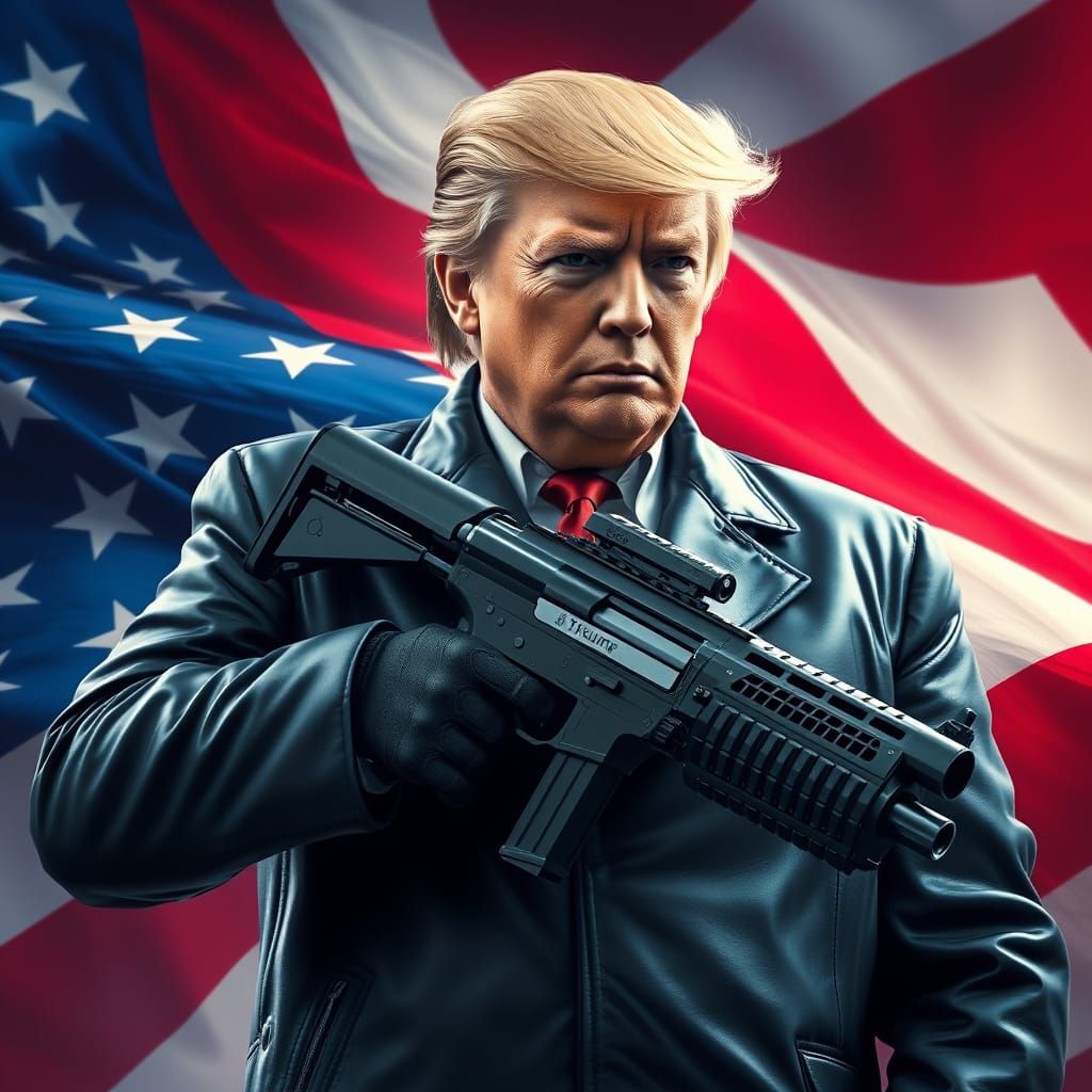 Patriotic Hero Holding Futuristic Machine Gun Against Americ...