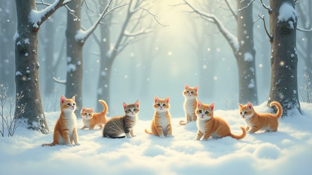 Surreal Winter Wonderland Scene with Curious Cats