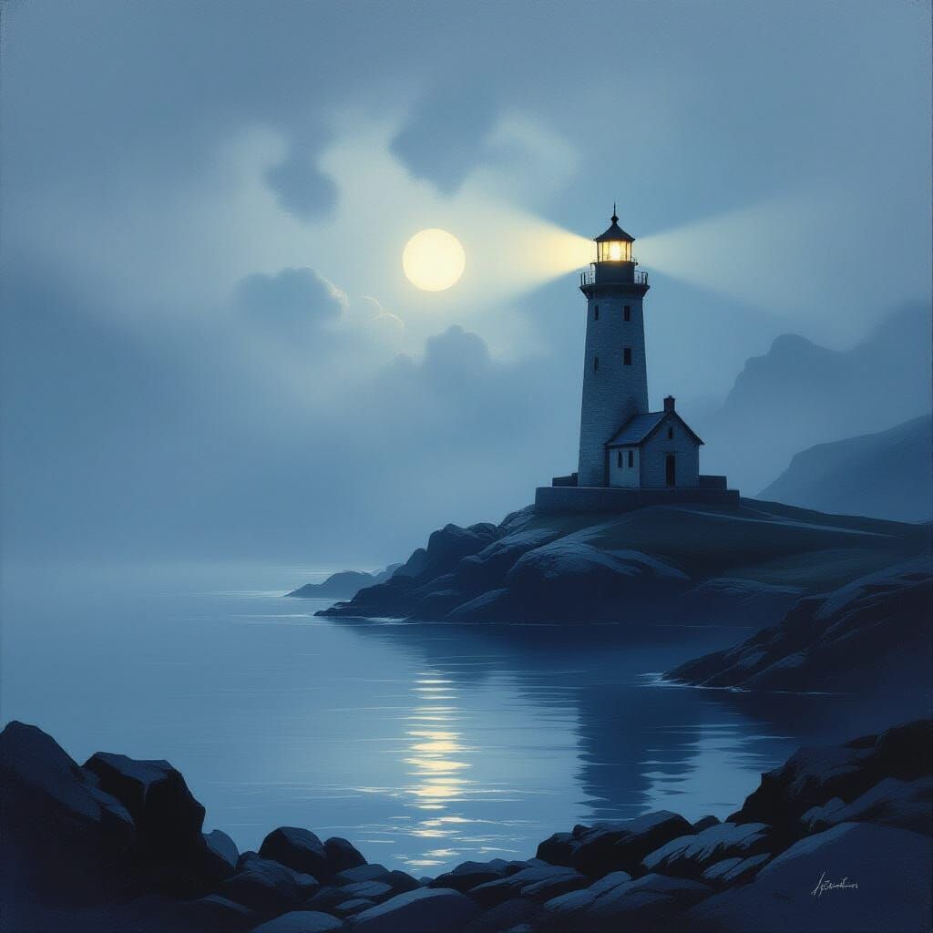 Ethereal Foggy Lighthouse Beam Over Calm Sea