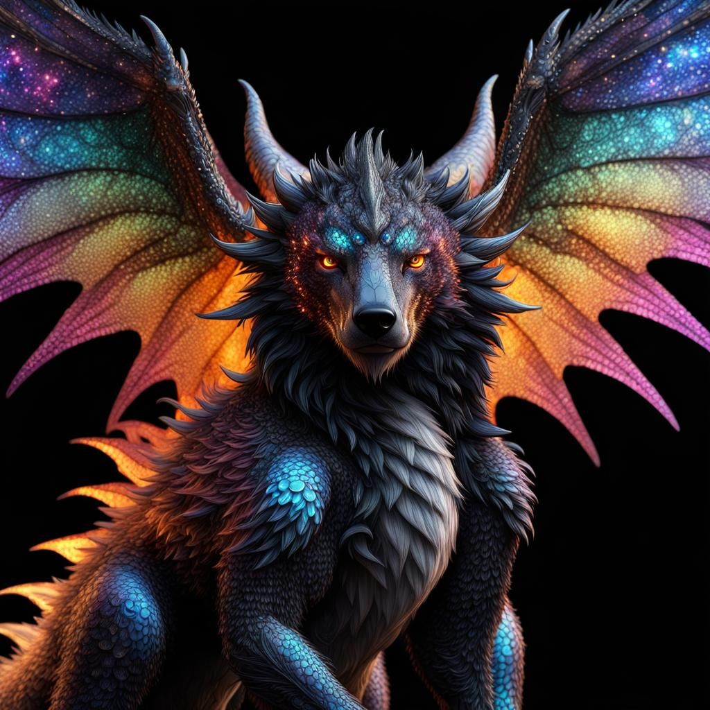 Winged Bear Dragon Hybrid with Iridescent Fire