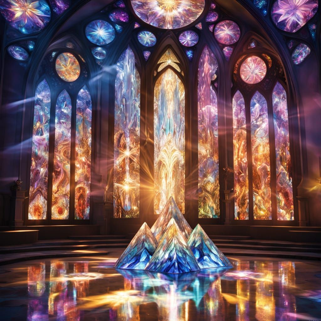 Sunlit Sanctuary With Stained Glass And Crystal Sculptures