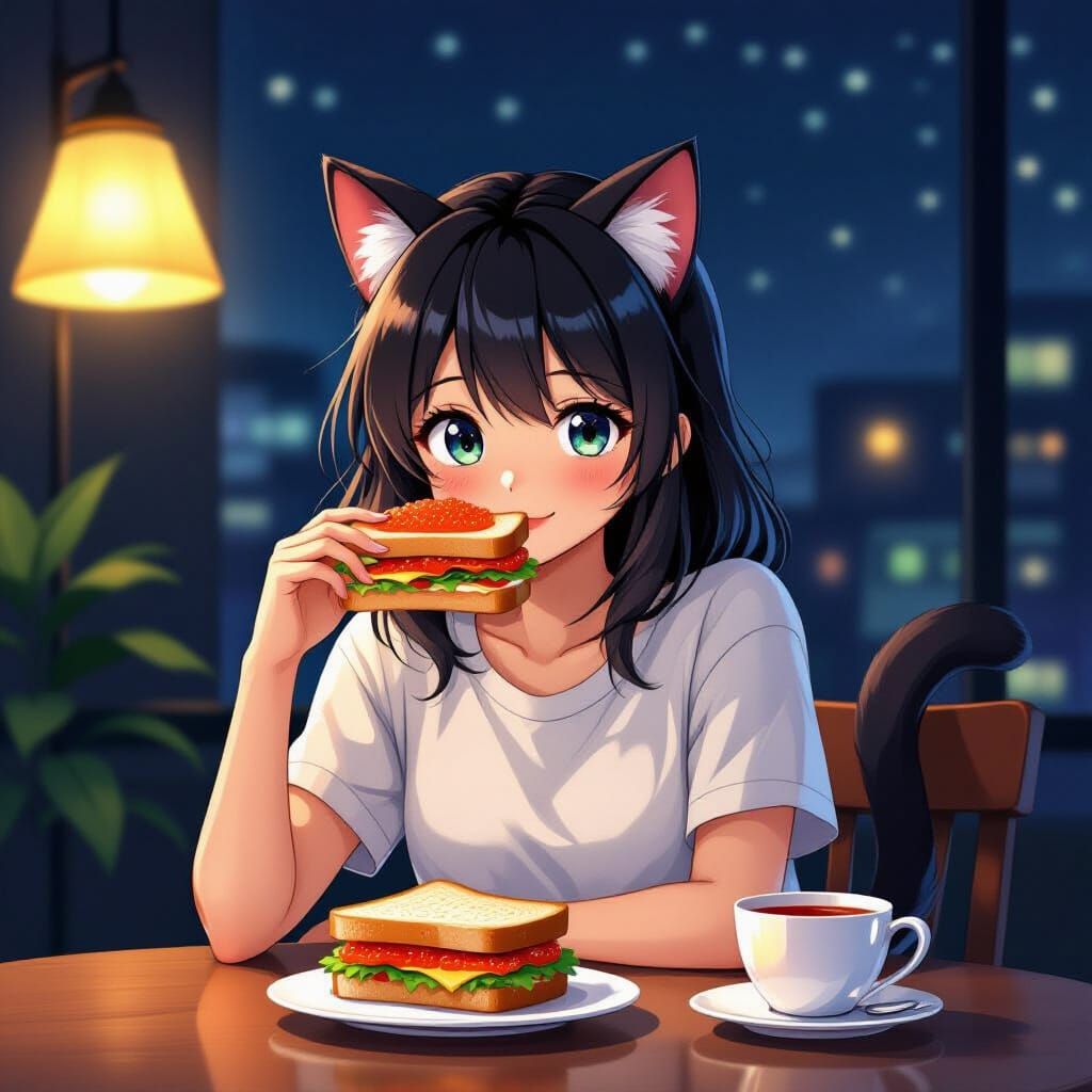 Anime Girl with Cat Features Eating Caviar Sandwich