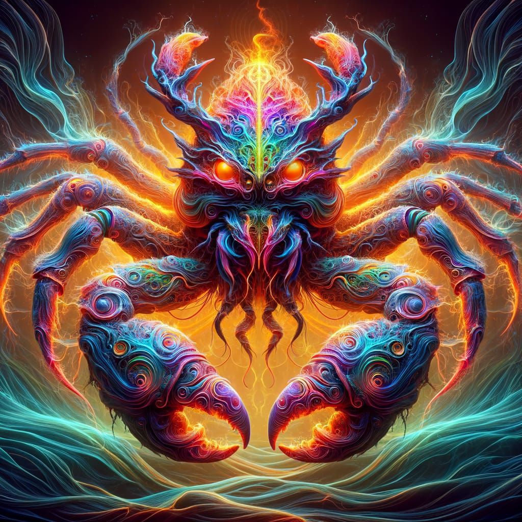 Underwater Crab-Humanoid Hybrid with Glowing Energy