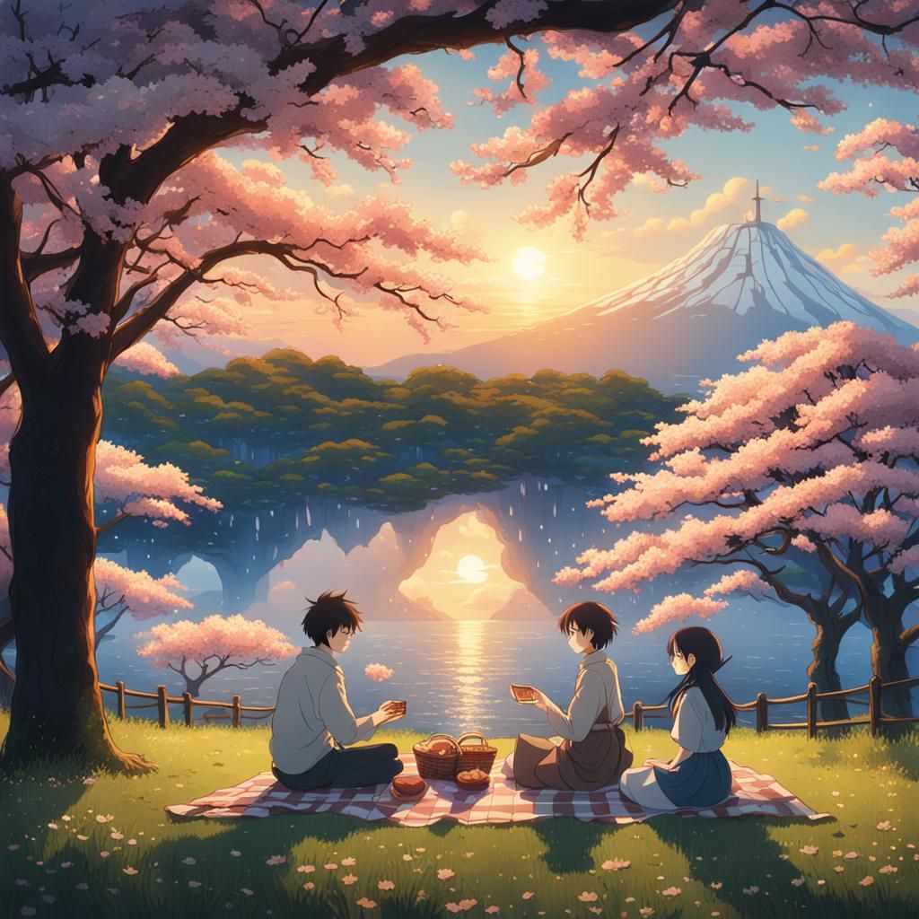 Romantic Picnic Under Sakura Blossoms: Anime Style