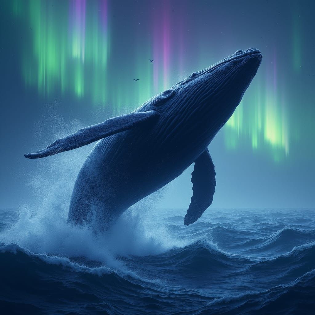 Majestic Whale Soars Through Starry Night Sky Amidst Vibrant...