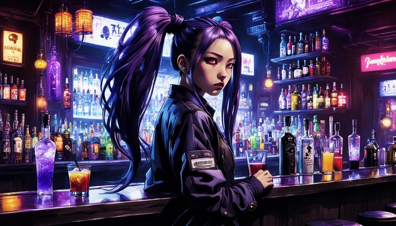 Cyberpunk Bartender with Purple Hair, Digital Art