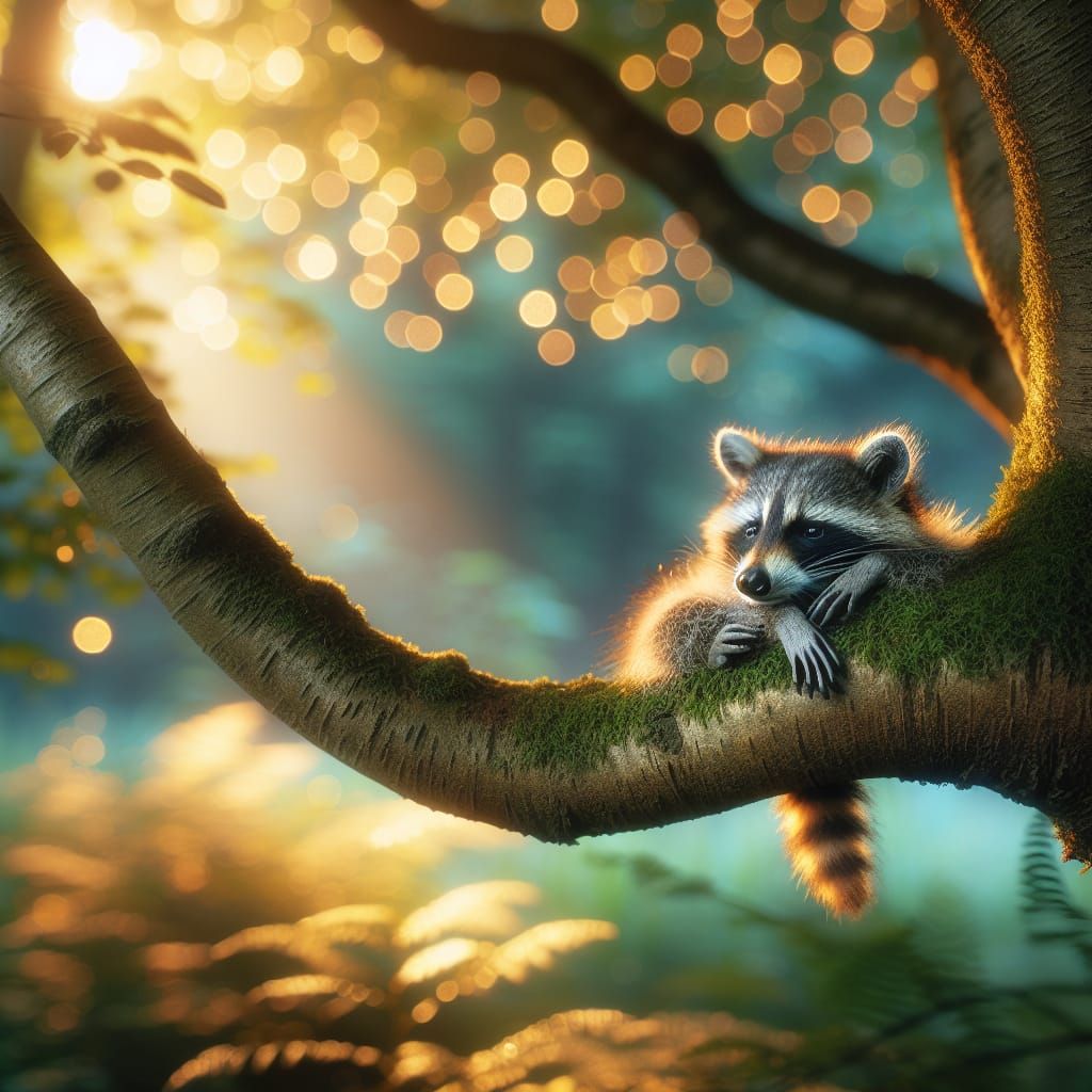 Raccoon Perched in Tree Bathed in Sunlight