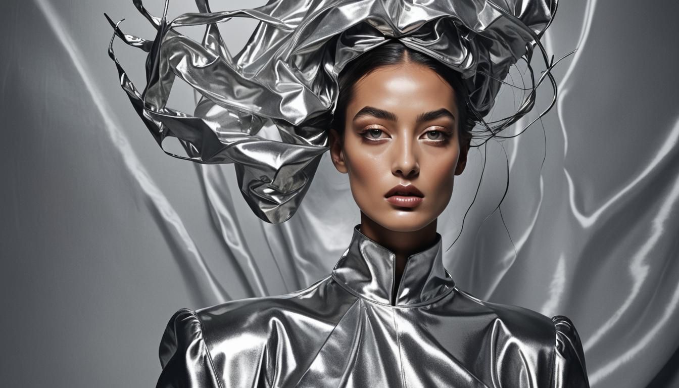 Surrealist Runway Model in Metallic Fashion Editorial
