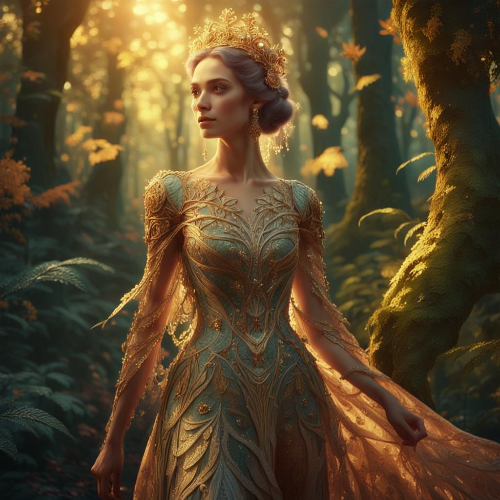 Fantasy Lady in Forest, Matte Painting Style