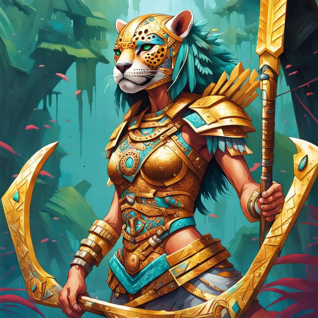 Aztec Female Jaguar Archer Warrior in Rainforest