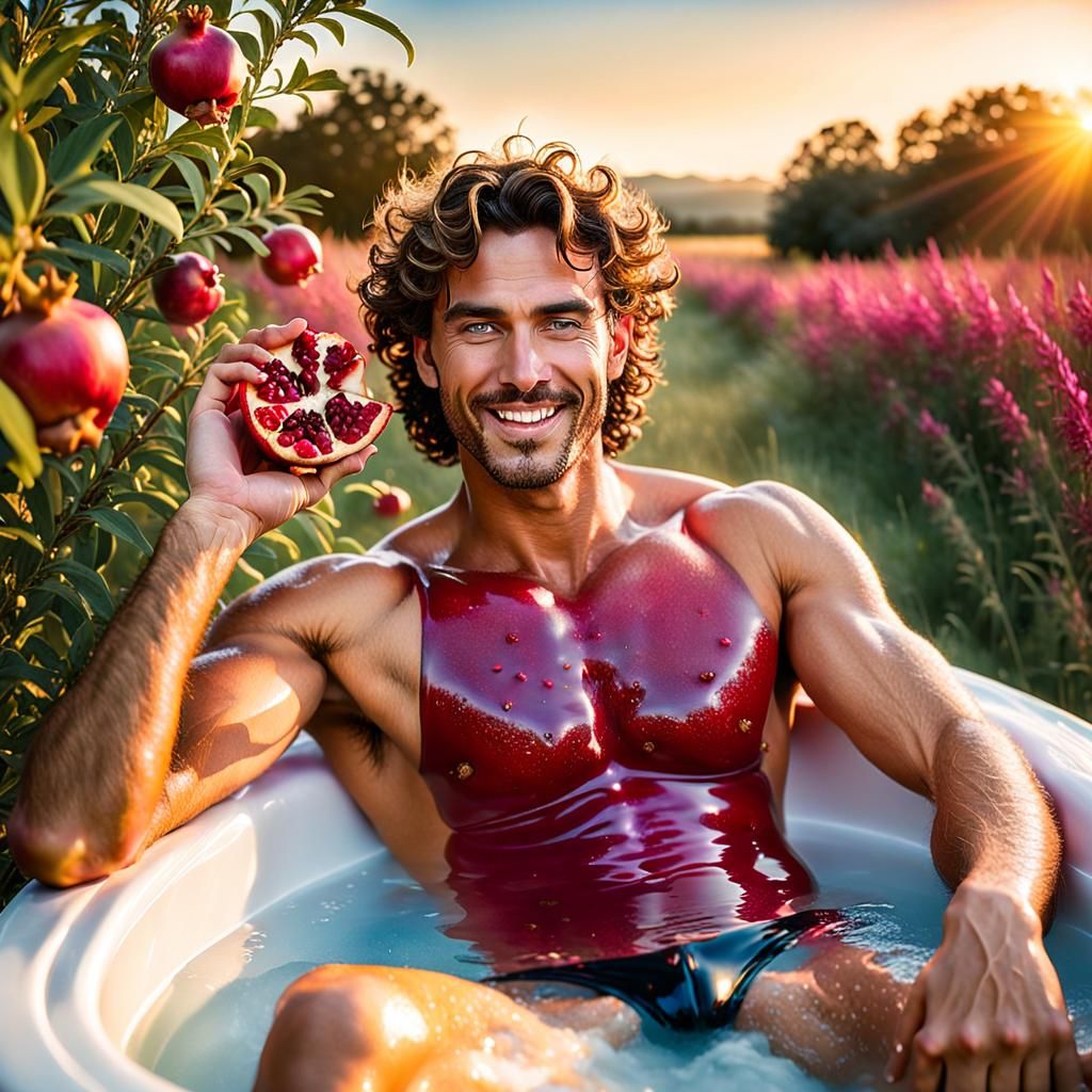 Man in Tub Enjoys Pomegranate: Professional Portrait