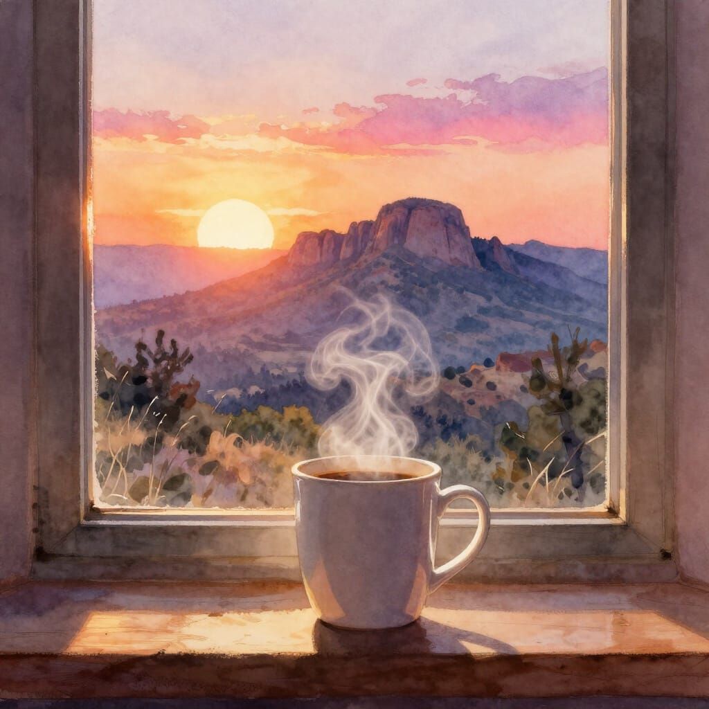 Sunrise Over Superstition Mountains with Steaming Coffee