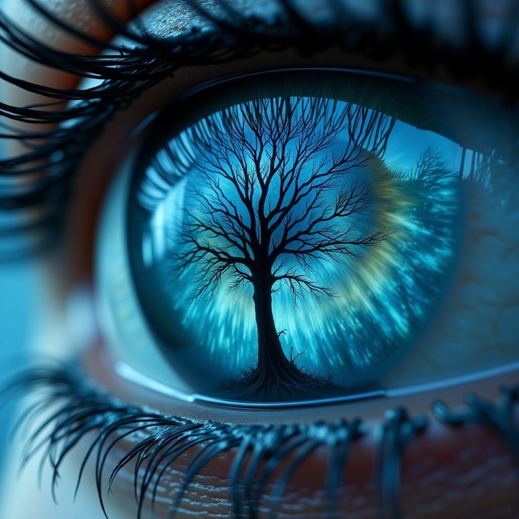 Mesmerizing Eye with Mystical Tree Silhouette in Hyperrealis...