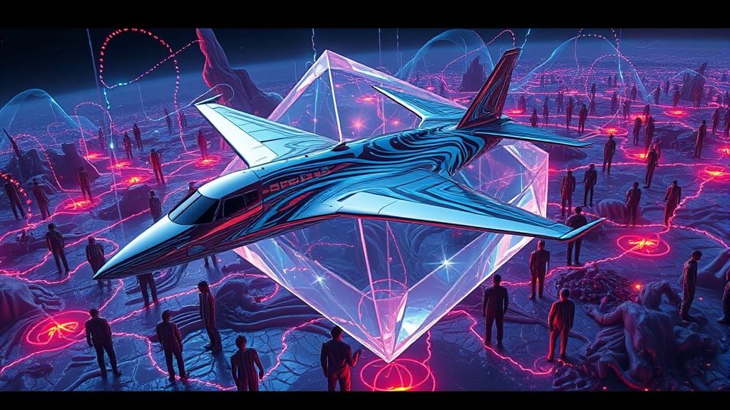 Sleek Silver Plane Frozen in 4D Tesseract with Liquid Human ...