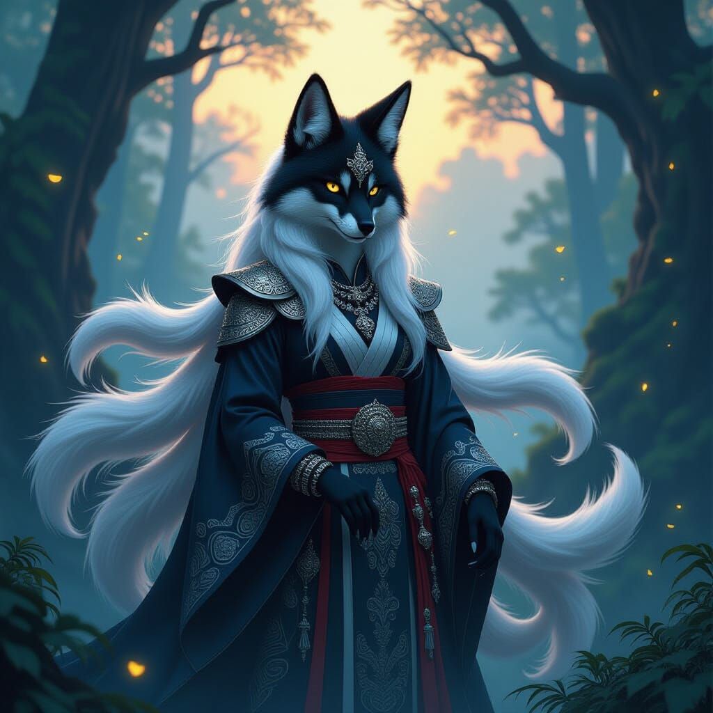Mystical Nine-Tailed Kitsune in Ancient Forest