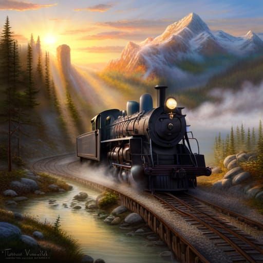 Vintage Locomotive in Foggy Landscape, Ethereal Matte Painti...