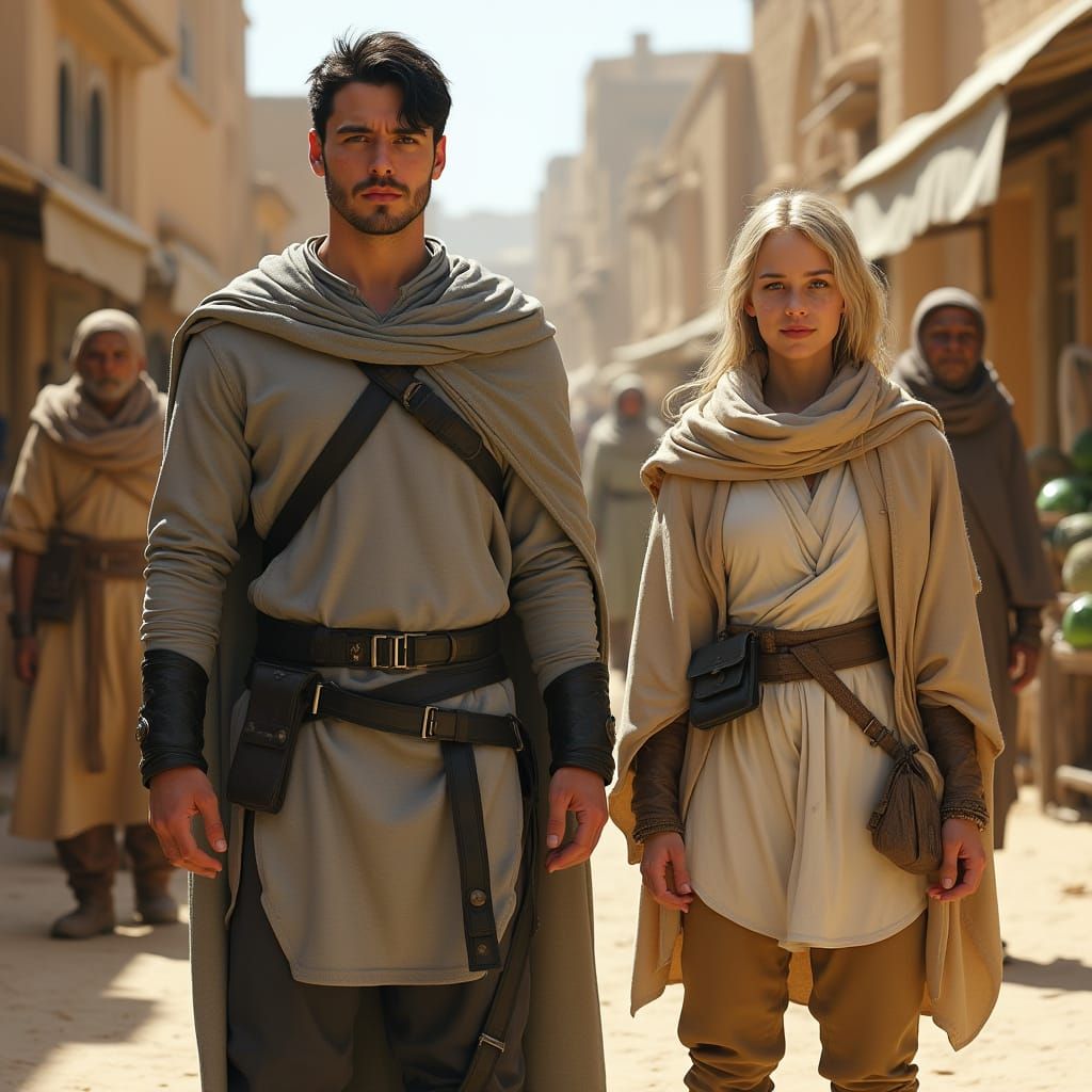 Hyper-Realistic Portrait of a Trio in a Desert Marketplace