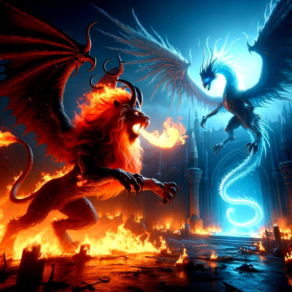 Demonic Lion Attacks Ice Dragon in Dark Fantasy Scene