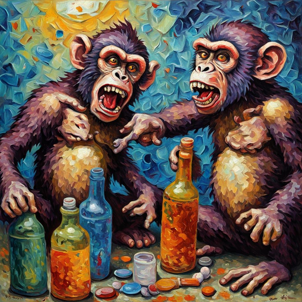 Zombie Monkey Clowns Brawl in Expressionist Oil Painting