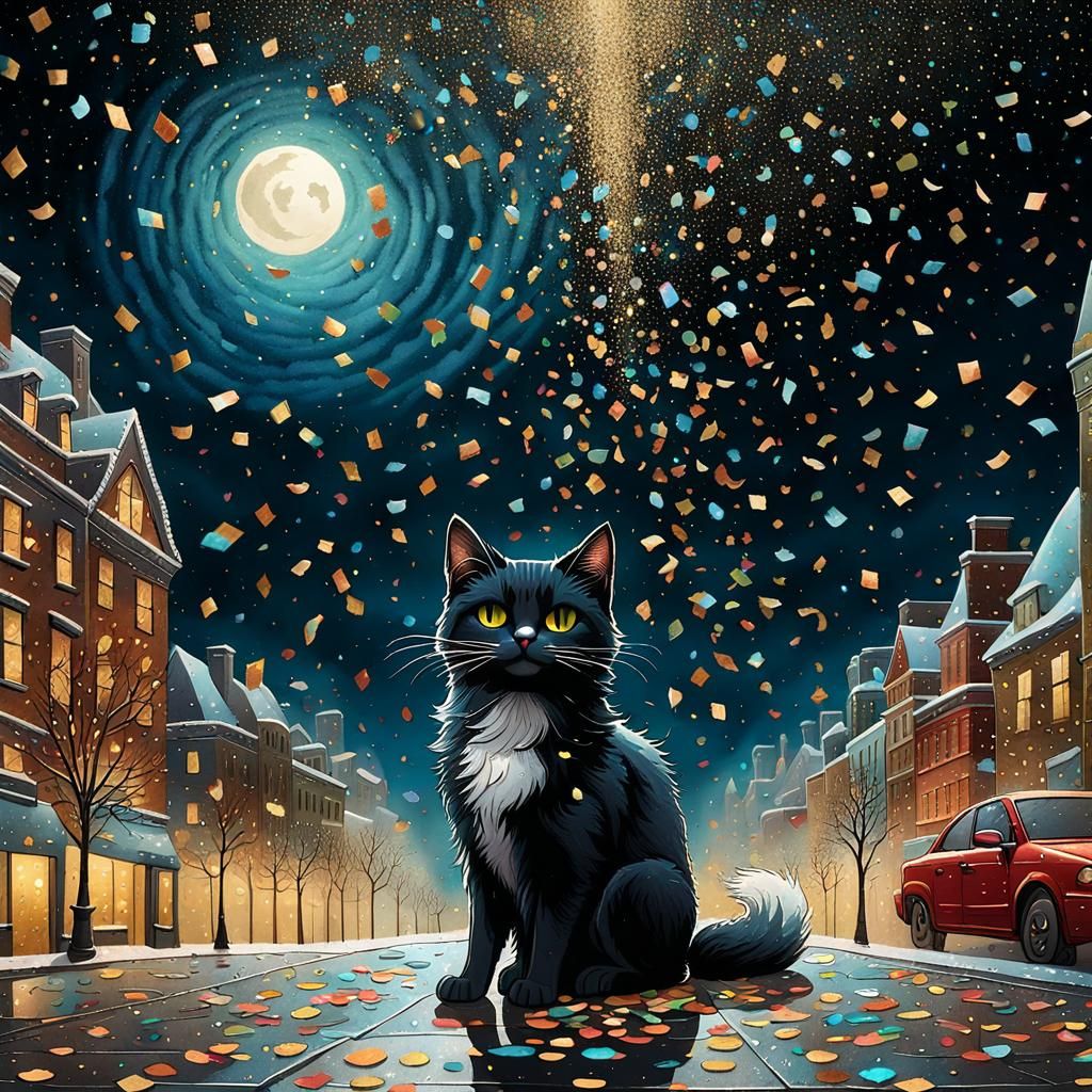 Cute Cat in Confetti Shower, 3D Render