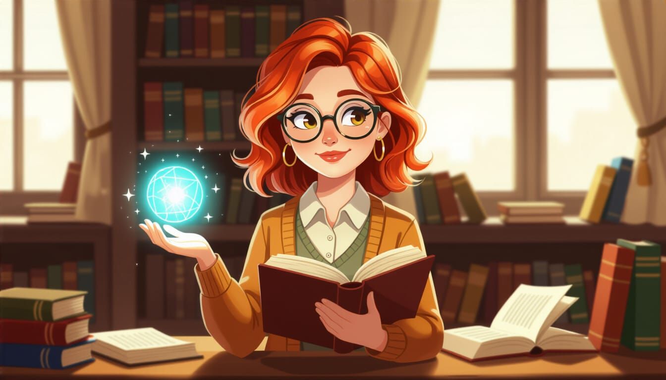 Nerdy Librarian Woman with Hidden Superpowers in Cozy Librar...