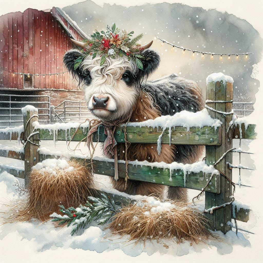 Fluffy Highland Cow with Christmas Flowers in Watercolor Sty...