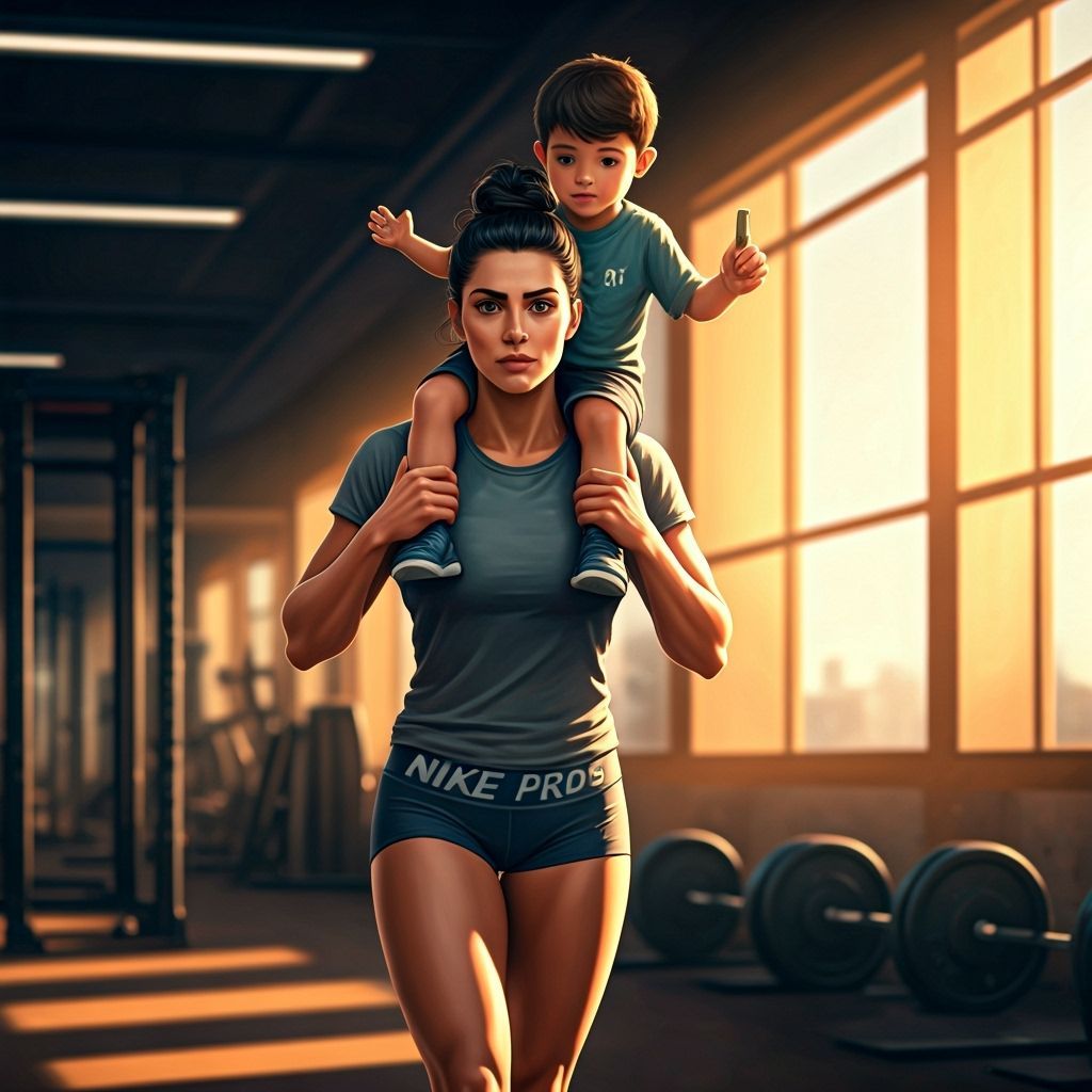 Determined Mother Carries Son in Sunlit Gym