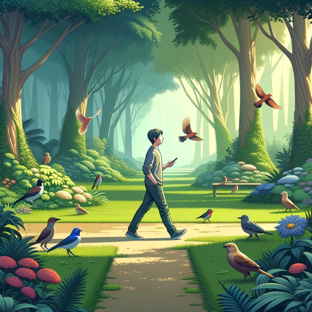 Peaceful Park Scene in Flat Cartoon Style