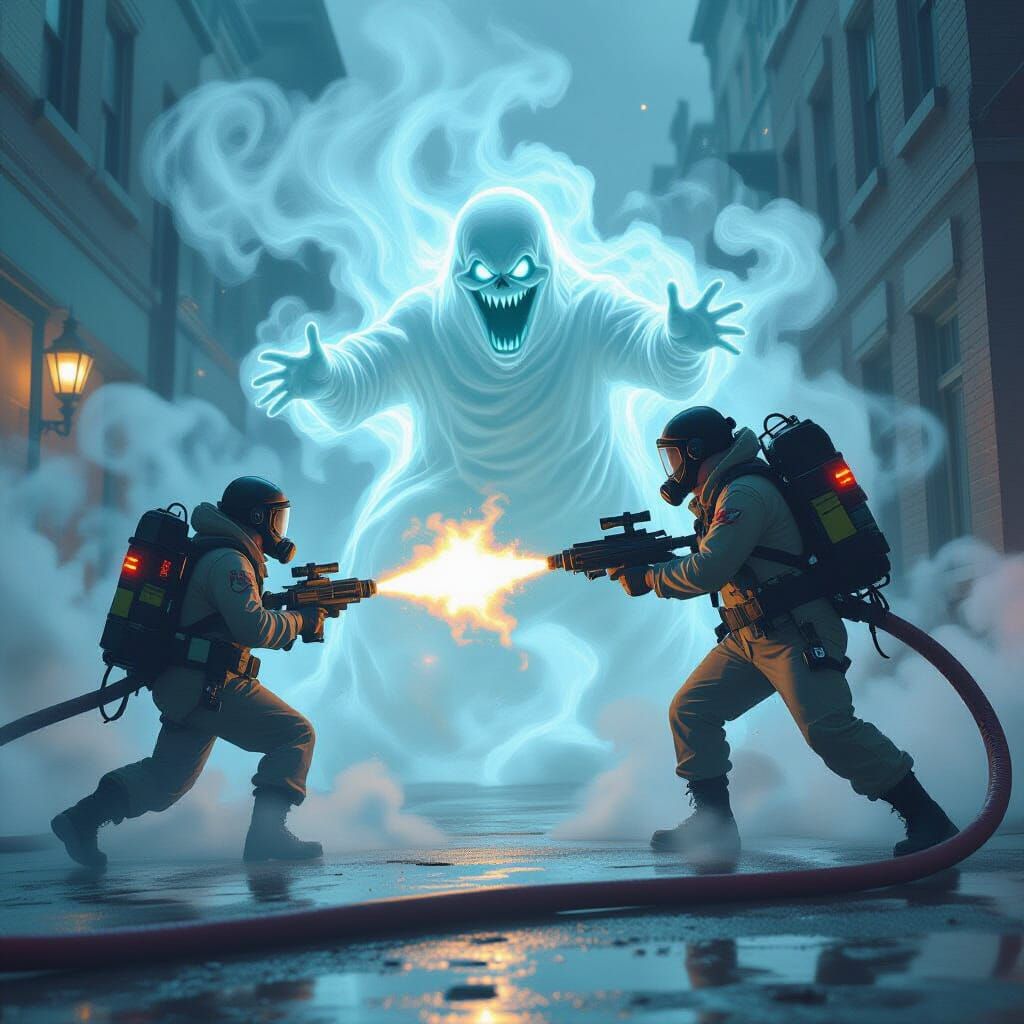 Ghostbusters Confront Eerie Ghost in Digital Painting Style