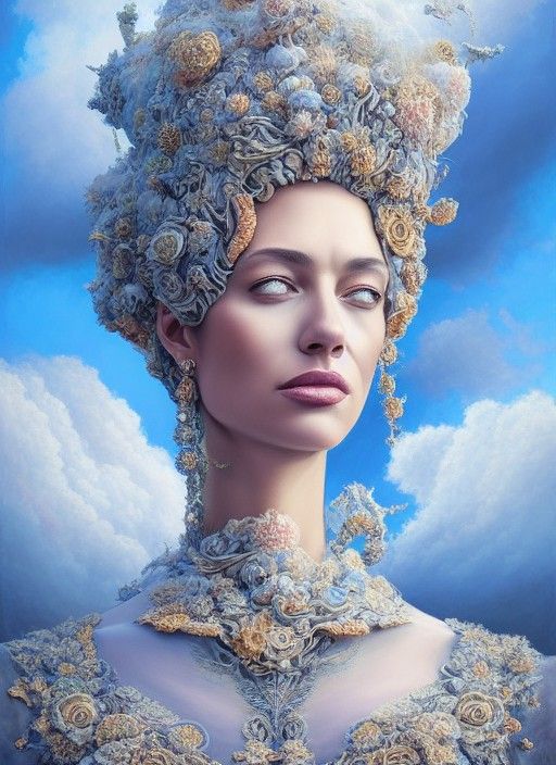 Queen in Cloud Dress: Hyperrealistic Digital Art