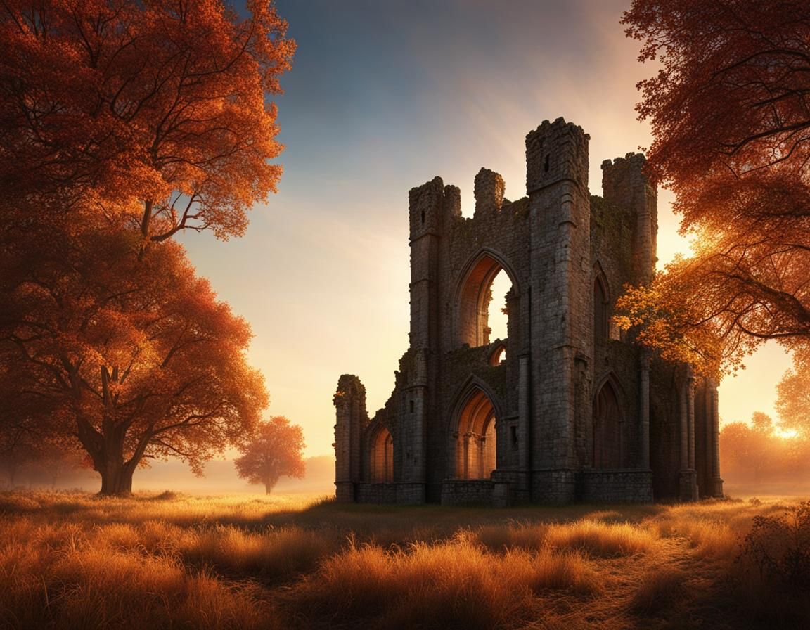 Medieval Abbey Ruins in Autumn Magic Hour