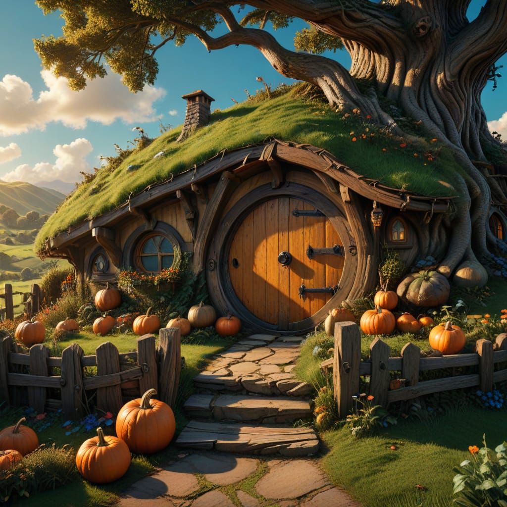 Hobbit House in Shire with Pumpkin, Golden Hour