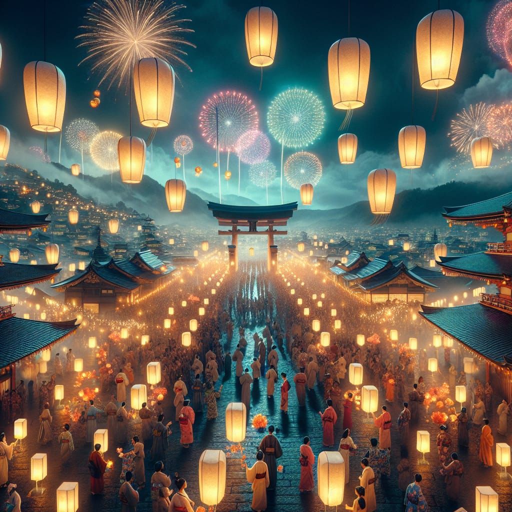 Obon Festival: Night Sky Lanterns and Fireworks