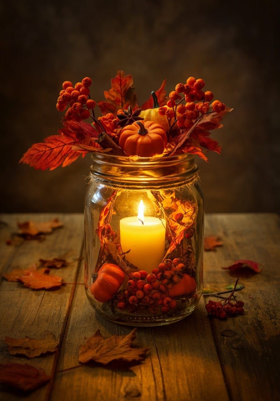 Autumn Mason Jar Still Life in Colored Pencil