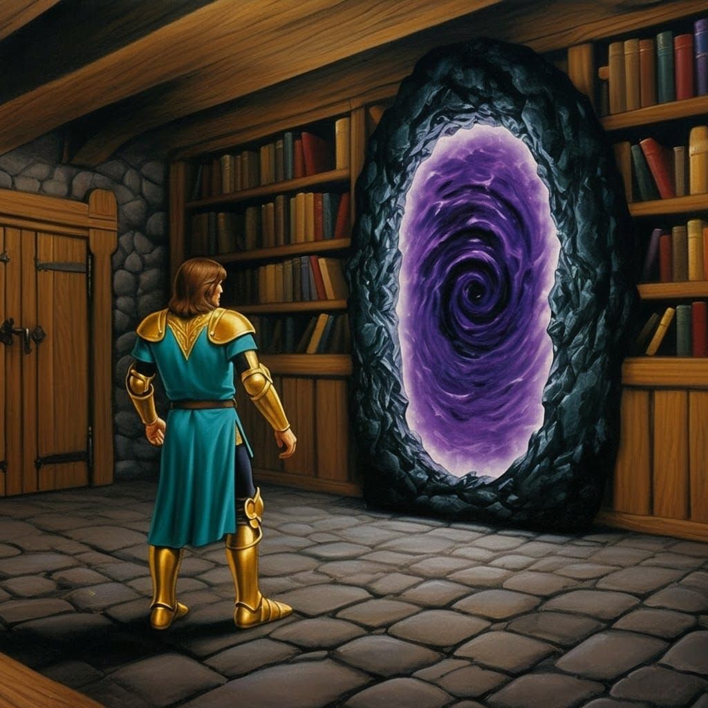Man and Purple Portal in 1980s Oil Painting