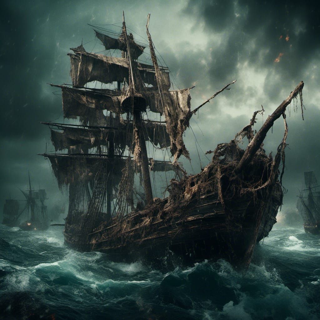 Cursed Sailing Ship Navigating Dark Waters