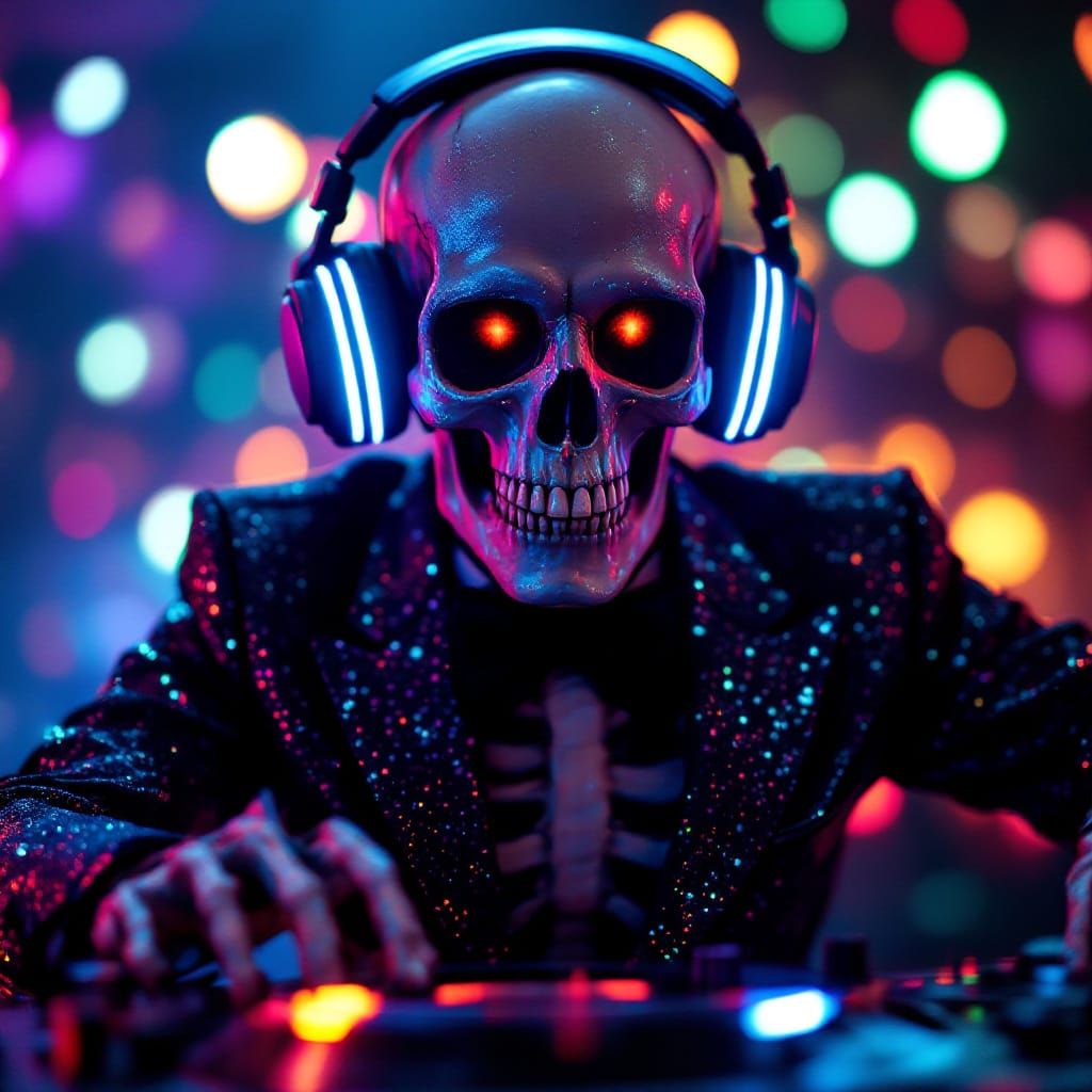 Skeleton DJ Spins Tunes in Glittery Blazer
