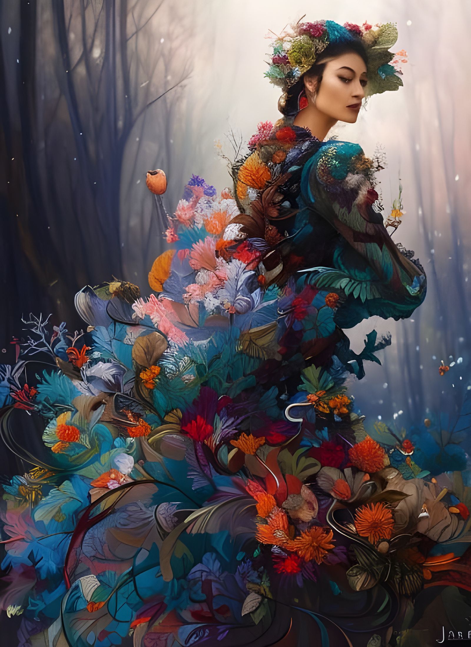 Autumn and Winter Woman Portrait in Surreal Style