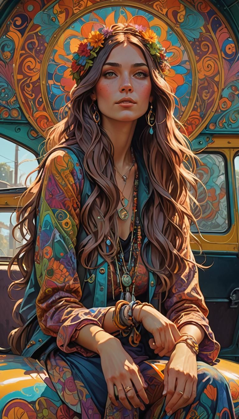 Psychedelic Art Nouveau Hippie Chick Portrait
