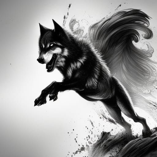 Elegant Wolf Running in Dreamy Brush Illustration
