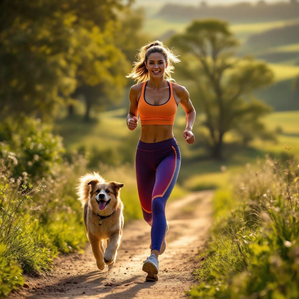 Fit Woman Runs with Loyal Dog in Sunny Countryside