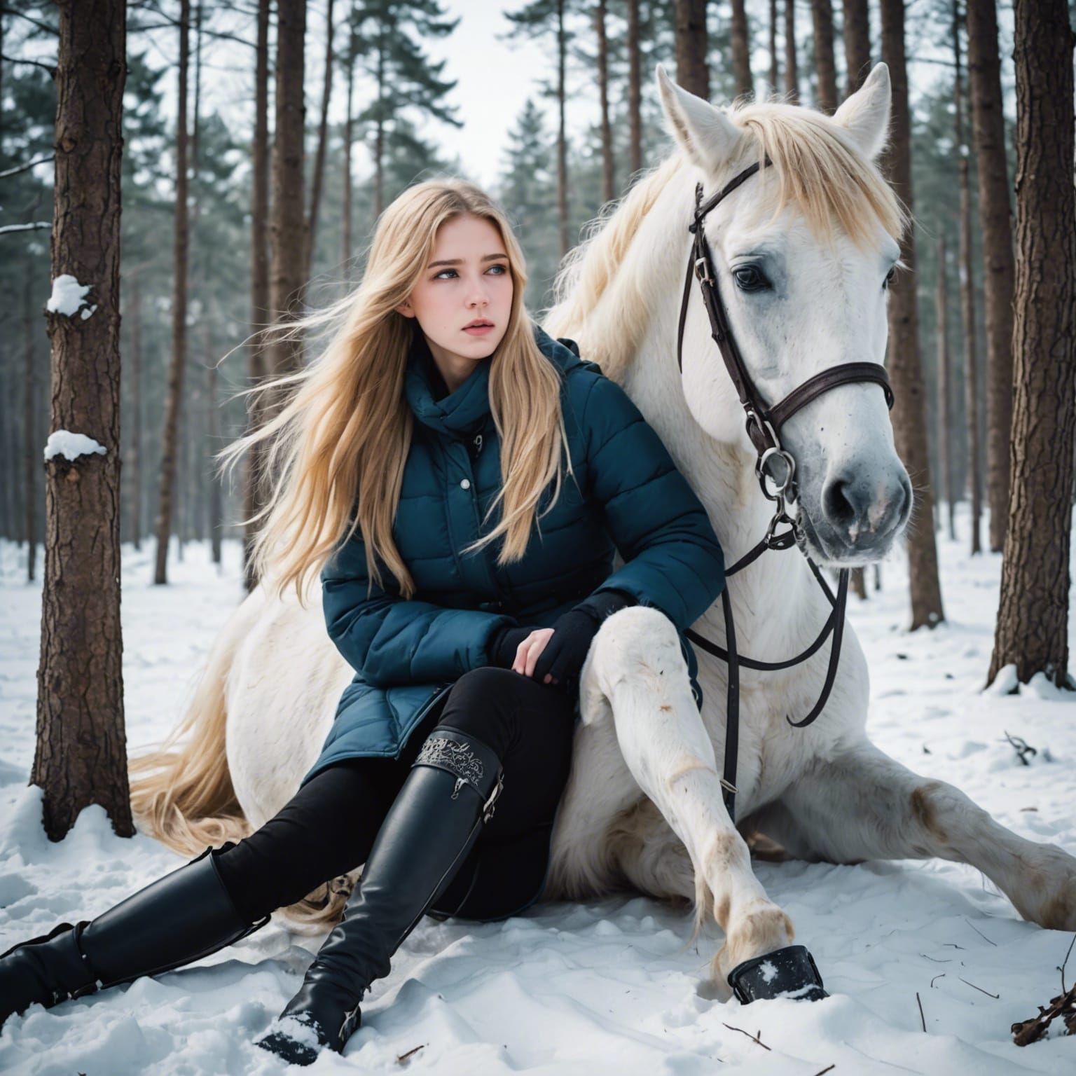 Anime Girl and Scared Horse in Snowy Forest