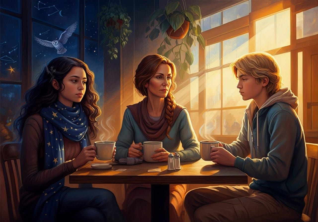 Leto with Apollo and Artemis in Cafe, Oil Painting