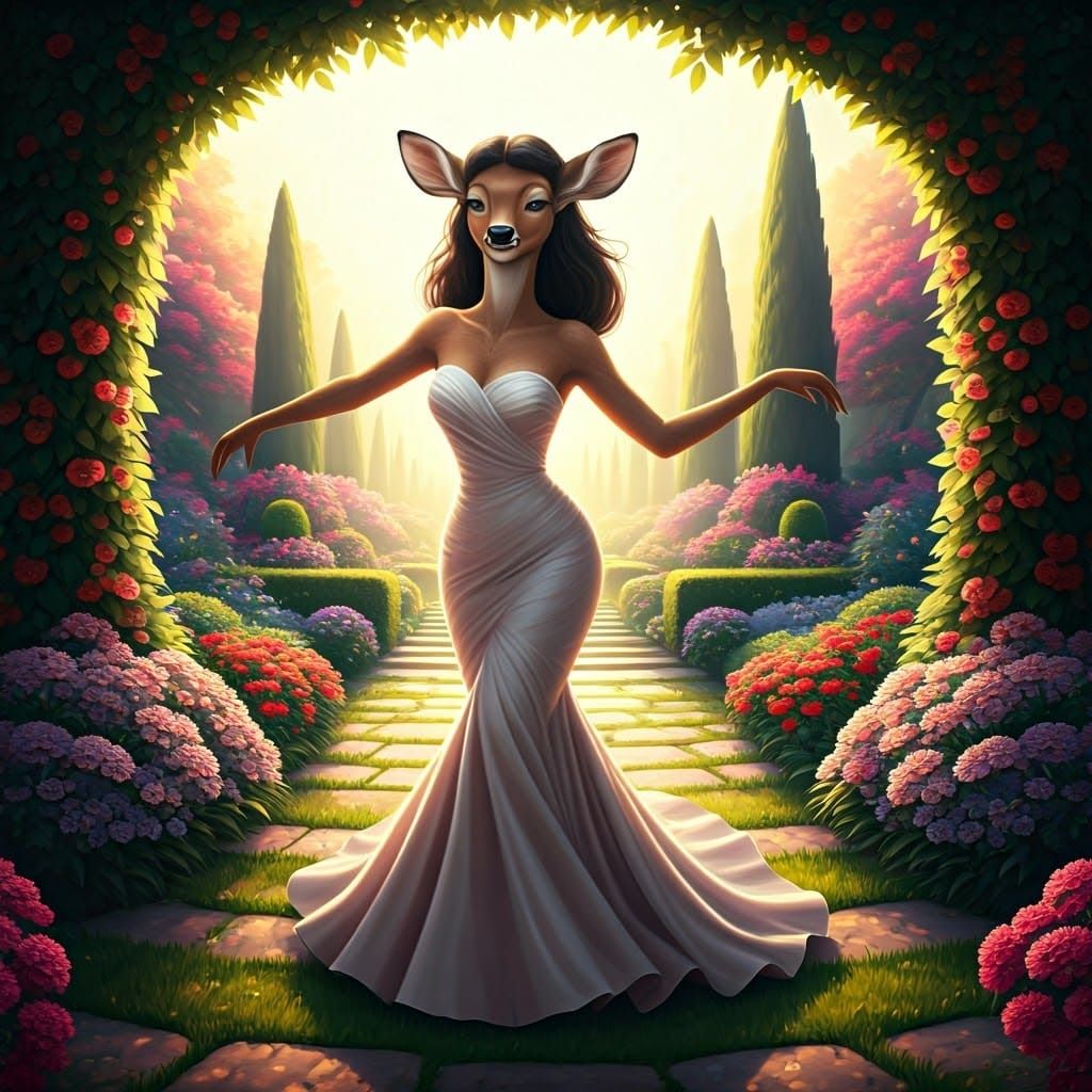 Deer in Gown Dancing in Lush Garden