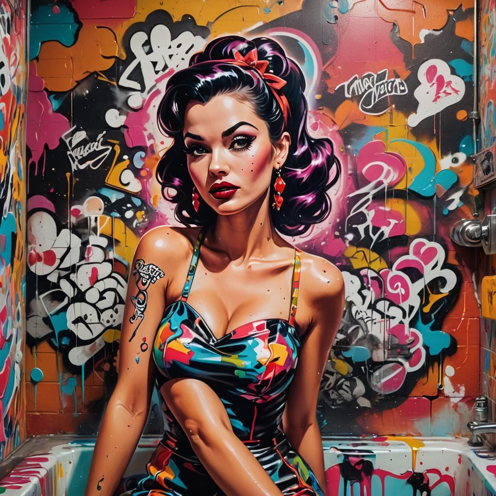 Vibrant 60s Graffiti Art of Pin-Up in Bathroom
